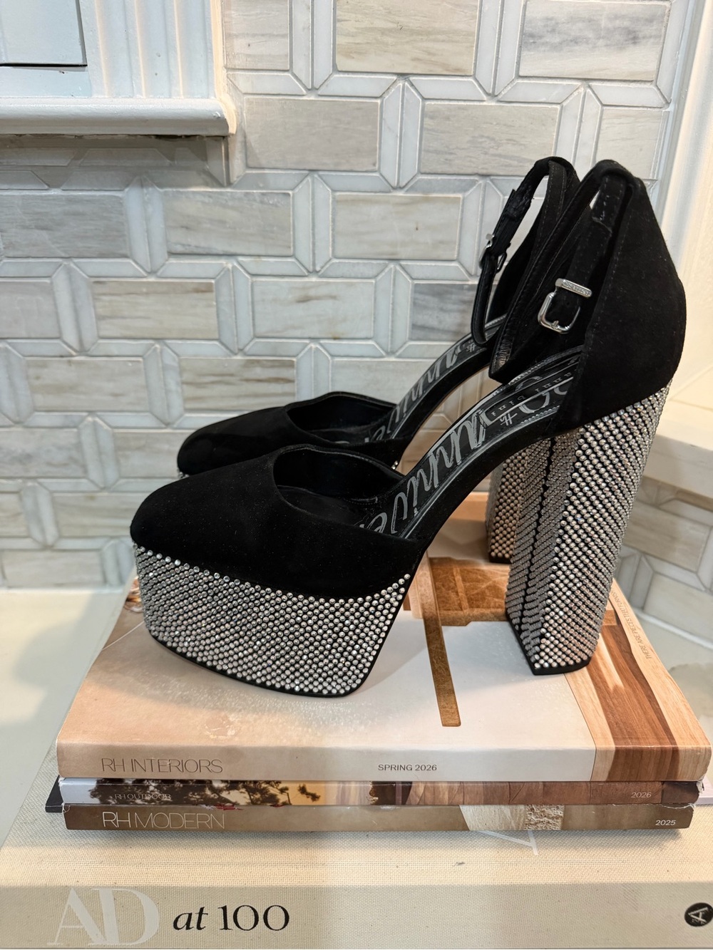 Black Rhinestone Platform Mary Jane with Ankle Strap